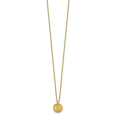Sterling Silver Gold-tone Polished Beaded and Textured CZ Circle with Extension Necklace
