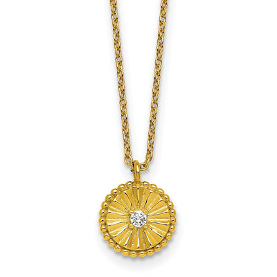 Sterling Silver Gold-tone Polished Beaded and Textured CZ Circle with Extension Necklace