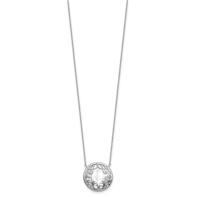 Sterling Silver Rhodium-plated Polished Filigree Mother of Pearl Filigree Circle with Extension Necklace