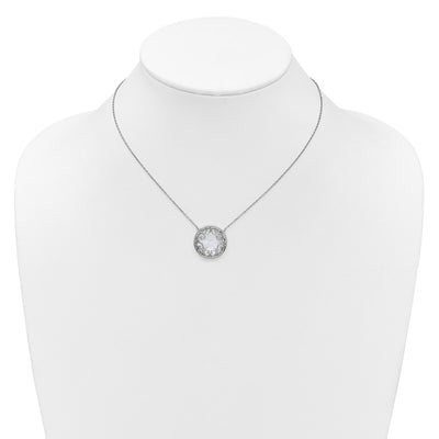 Sterling Silver Rhodium-plated Polished Filigree Mother of Pearl Filigree Circle with Extension Necklace