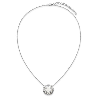 Sterling Silver Rhodium-plated Polished Filigree Mother of Pearl Filigree Circle with Extension Necklace