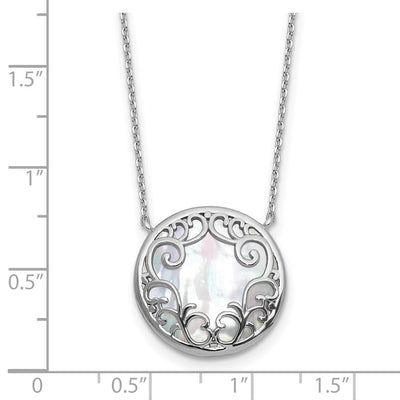 Sterling Silver Rhodium-plated Polished Filigree Mother of Pearl Filigree Circle with Extension Necklace