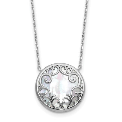 Sterling Silver Rhodium-plated Polished Filigree Mother of Pearl Filigree Circle with Extension Necklace