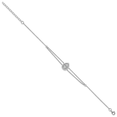 Sterling Silver Rhodium-plated Polished Fancy Two-strand CZ Teardrop Halo with Extension Bracelet