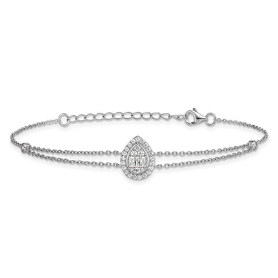 Sterling Silver Rhodium-plated Polished Fancy Two-strand CZ Teardrop Halo with Extension Bracelet