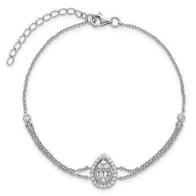Sterling Silver Rhodium-plated Polished Fancy Two-strand CZ Teardrop Halo with Extension Bracelet