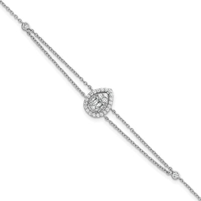 Sterling Silver Rhodium-plated Polished Fancy Two-strand CZ Teardrop Halo with Extension Bracelet
