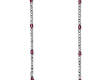 Sterling Silver Rhodium-plated Polished and Beaded Fancy Oval Red and Round White CZ Necklace (Style QG6996-17)