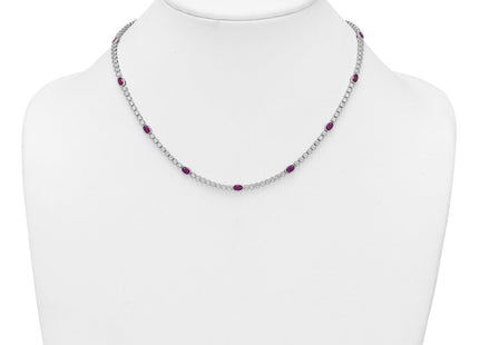 Sterling Silver Rhodium-plated Polished and Beaded Fancy Oval Red and Round White CZ Necklace (Style QG6996-17)