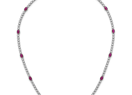 Sterling Silver Rhodium-plated Polished and Beaded Fancy Oval Red and Round White CZ Necklace (Style QG6996-17)