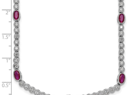 Sterling Silver Rhodium-plated Polished and Beaded Fancy Oval Red and Round White CZ Necklace (Style QG6996-17)