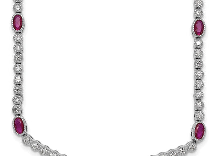 Sterling Silver Rhodium-plated Polished and Beaded Fancy Oval Red and Round White CZ Necklace (Style QG6996-17)