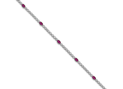 Sterling Silver Rhodium-plated Polished and Beaded Fancy Oval Red and Round White CZ Necklace