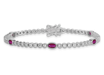 Sterling Silver Rhodium-plated Polished and Beaded Fancy Oval Red and Round White CZ Necklace