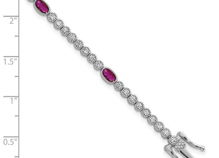 Sterling Silver Rhodium-plated Polished and Beaded Fancy Oval Red and Round White CZ Necklace