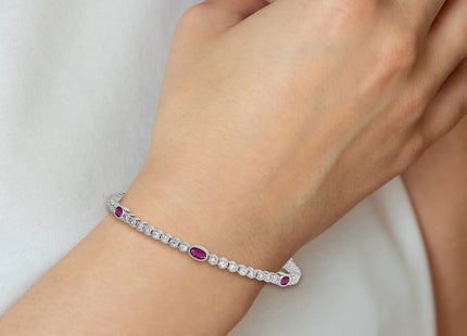 Sterling Silver Rhodium-plated Polished and Beaded Fancy Oval Red and Round White CZ Bracelet