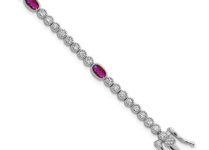 Sterling Silver Rhodium-plated Polished and Beaded Fancy Oval Red and Round White CZ Necklace