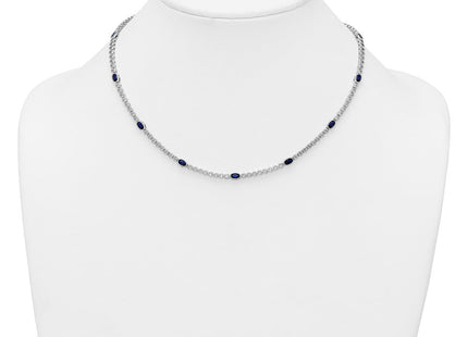 Sterling Silver Rhodium-plated Polished and Beaded Fancy Oval Blue and Round White CZ Necklace (Style QG6997-17)
