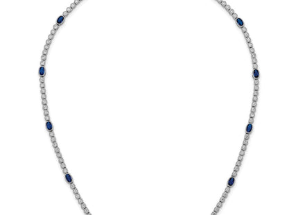 Sterling Silver Rhodium-plated Polished and Beaded Fancy Oval Blue and Round White CZ Necklace (Style QG6997-17)