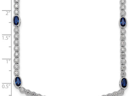 Sterling Silver Rhodium-plated Polished and Beaded Fancy Oval Blue and Round White CZ Necklace (Style QG6997-17)