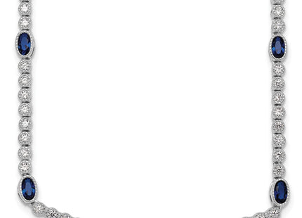 Sterling Silver Rhodium-plated Polished and Beaded Fancy Oval Blue and Round White CZ Necklace (Style QG6997-17)