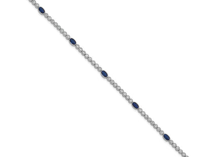 Sterling Silver Rhodium-plated Polished and Beaded Fancy Oval Blue and Round White CZ Necklace