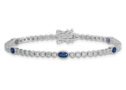 Sterling Silver Rhodium-plated Polished and Beaded Fancy Oval Blue and Round White CZ Necklace