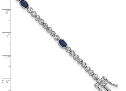 Sterling Silver Rhodium-plated Polished and Beaded Fancy Oval Blue and Round White CZ Necklace