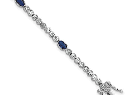 Sterling Silver Rhodium-plated Polished and Beaded Fancy Oval Blue and Round White CZ Necklace