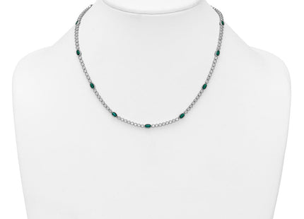 Sterling Silver Rhodium-plated Polished and Beaded Fancy Oval Green and Round White CZ Necklace (Style QG6998-17)