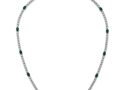 Sterling Silver Rhodium-plated Polished and Beaded Fancy Oval Green and Round White CZ Necklace (Style QG6998-17)