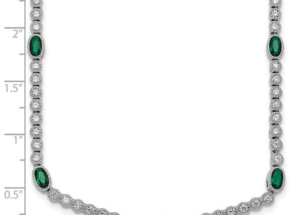Sterling Silver Rhodium-plated Polished and Beaded Fancy Oval Green and Round White CZ Necklace (Style QG6998-17)