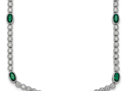 Sterling Silver Rhodium-plated Polished and Beaded Fancy Oval Green and Round White CZ Necklace (Style QG6998-17)