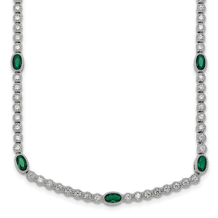 Sterling Silver Rhodium-plated Polished and Beaded Fancy Oval Green and Round White CZ Necklace (Style QG6998-17)