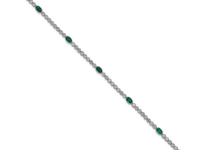 Sterling Silver Rhodium-plated Polished and Beaded Fancy Oval Green and Round White CZ Necklace