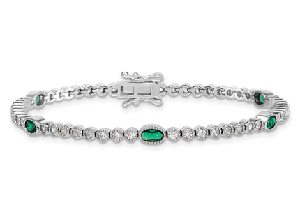 Sterling Silver Rhodium-plated Polished and Beaded Fancy Oval Green and Round White CZ Necklace