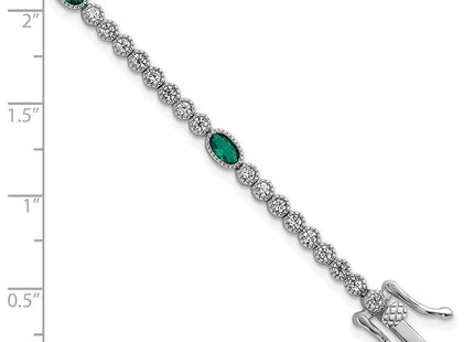 Sterling Silver Rhodium-plated Polished and Beaded Fancy Oval Green and Round White CZ Necklace
