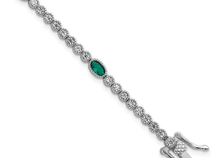 Sterling Silver Rhodium-plated Polished and Beaded Fancy Oval Green and Round White CZ Necklace