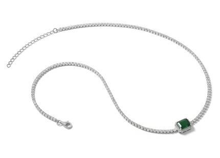 Sterling Silver Rhodium-plated Polished Fancy Emerald-cut Green and White CZ Halo with Extension Necklace