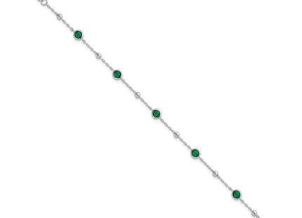 Sterling Silver Rhodium-plated Polished and Beaded Bezel-set Round Green CZ with Extension Necklace