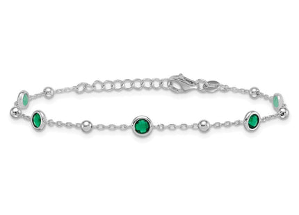 Sterling Silver Rhodium-plated Polished and Beaded Bezel-set Round Green CZ with Extension Necklace