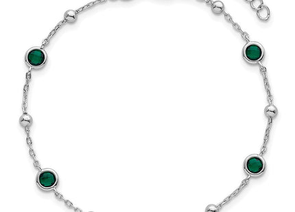 Sterling Silver Rhodium-plated Polished and Beaded Bezel-set Round Green CZ with Extension Necklace