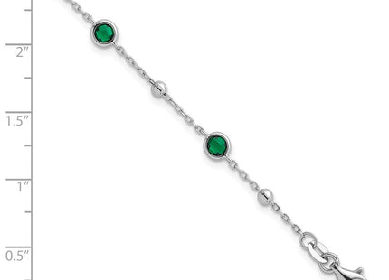 Sterling Silver Rhodium-plated Polished and Beaded Bezel-set Round Green CZ with Extension Necklace