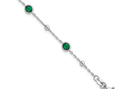 Sterling Silver Rhodium-plated Polished and Beaded Bezel-set Round Green CZ with Extension Necklace
