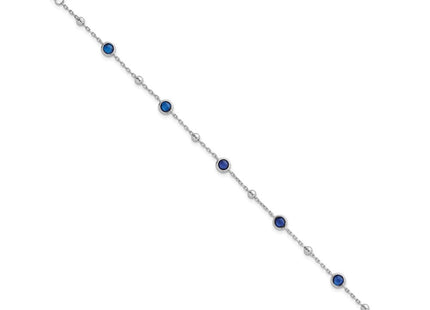 Sterling Silver Rhodium-plated Polished and Beaded Bezel-set Round Blue CZ with Extension Necklace