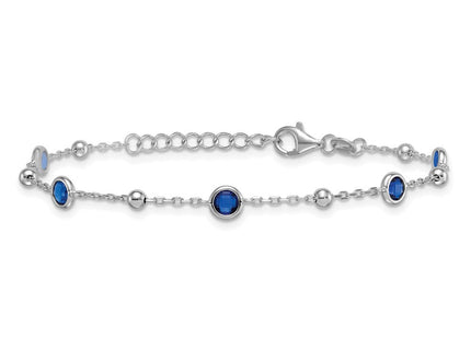 Sterling Silver Rhodium-plated Polished and Beaded Bezel-set Round Blue CZ with Extension Necklace
