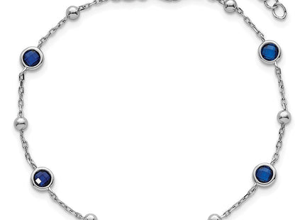 Sterling Silver Rhodium-plated Polished and Beaded Bezel-set Round Blue CZ with Extension Necklace