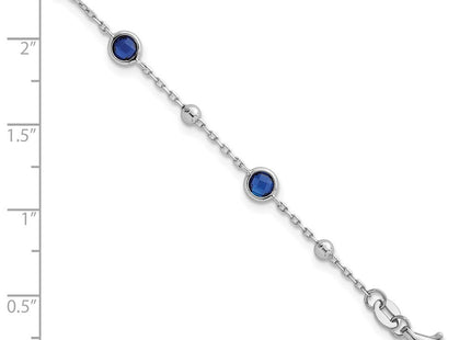 Sterling Silver Rhodium-plated Polished and Beaded Bezel-set Round Blue CZ with Extension Necklace