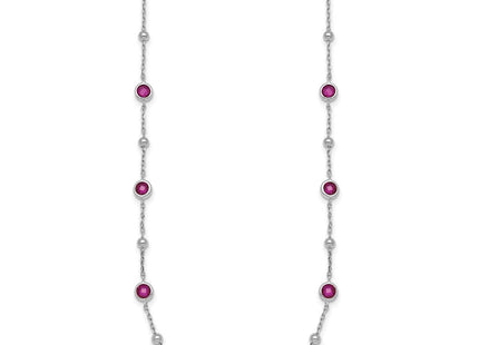 Sterling Silver Rhodium-plated Polished and Beaded Bezel-set Round Red CZ with Extension Necklace (Style QG7010-16)