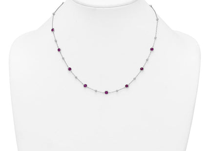 Sterling Silver Rhodium-plated Polished and Beaded Bezel-set Round Red CZ with Extension Necklace (Style QG7010-16)